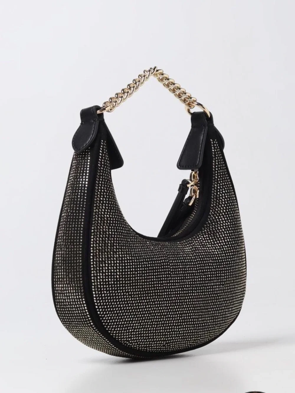 PINKO NEW Brioche bag in black with gold tone rhinestones and gold love birds.
